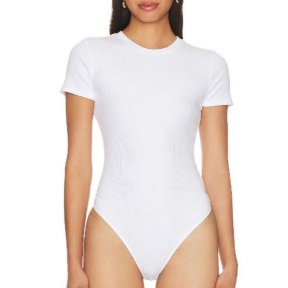 Good American Bodysuit Ribbed Short Sleeve Crew Neck White Small